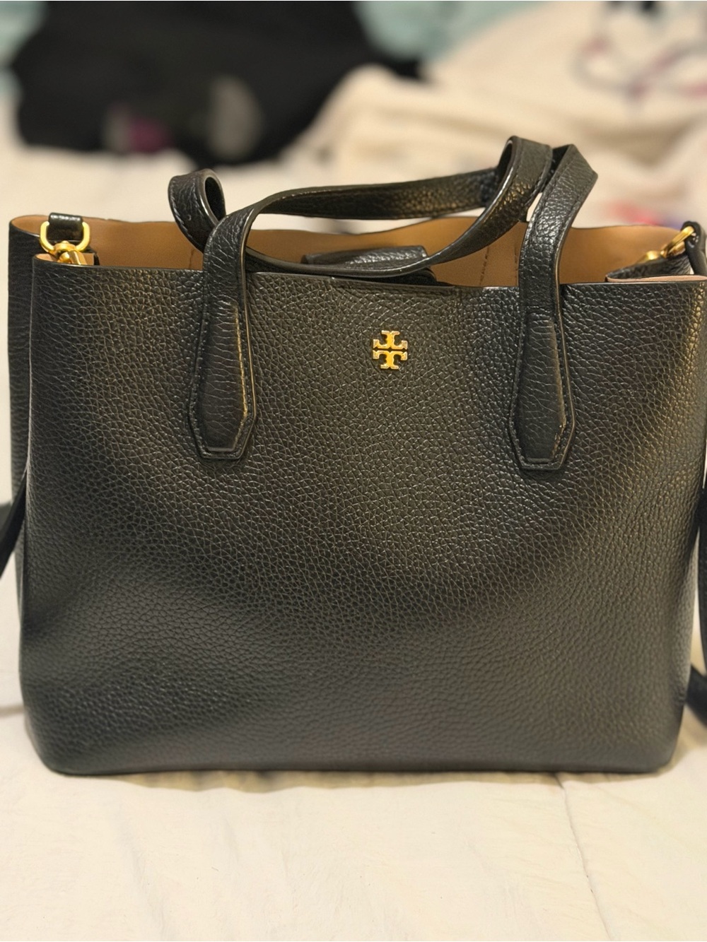 Tory Burch Black Pebbled Leather Tote with Gold Logo - Picture 8 of 8